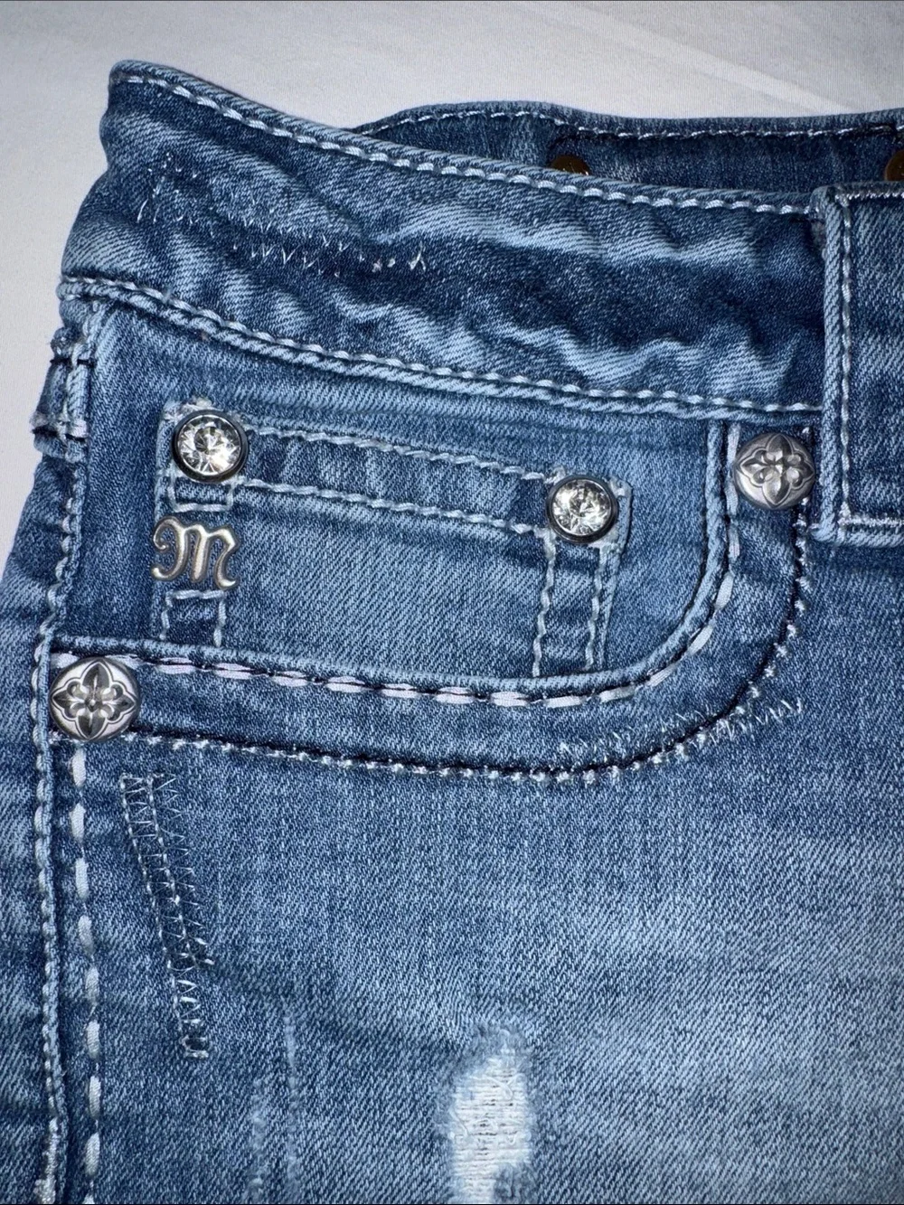 Y2K Miss Me Blue Distressed Frayed Hem Denim Shorts